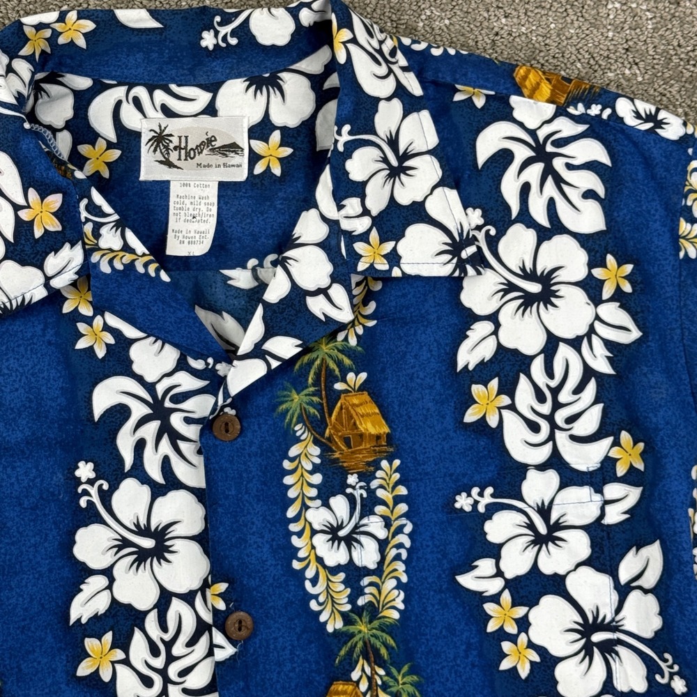 Vintage Howie Hawaiian Shirt Mens XL Blue Floral Tiki Hut Hawaii Aloha Summer